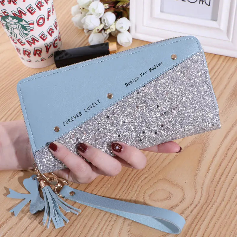 Sequins Patchwork Letter Wallets PU Leather Tassel Rivet Clutch Bag