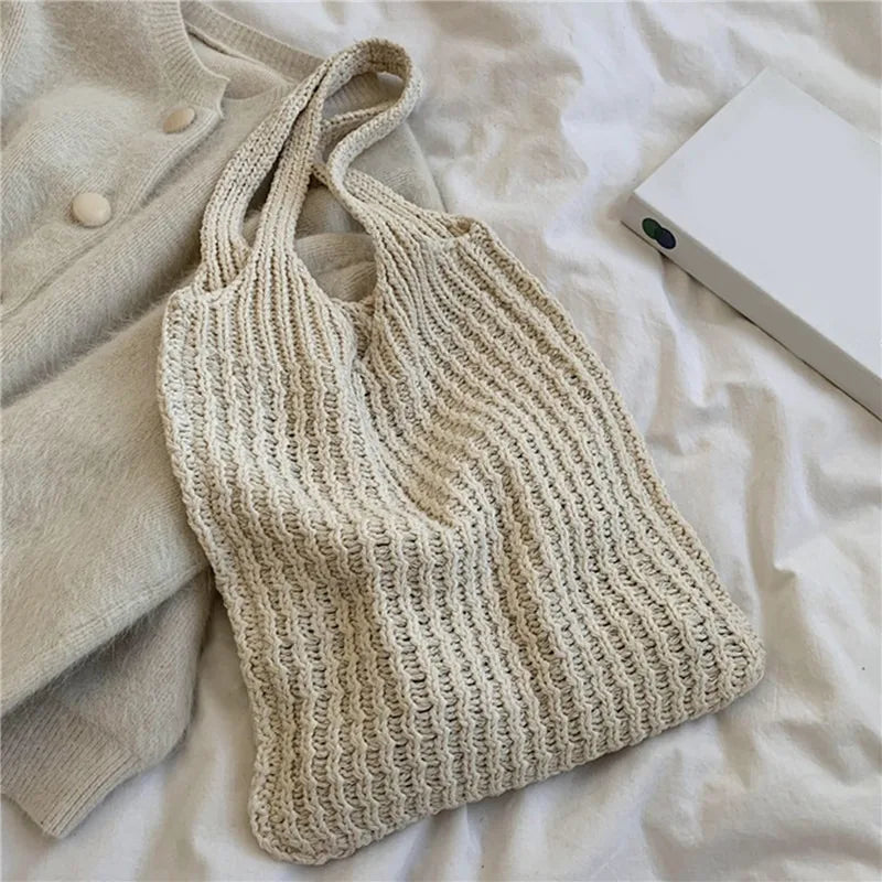 Vintage Wool Knitted Tote Shoulder Bag For Women