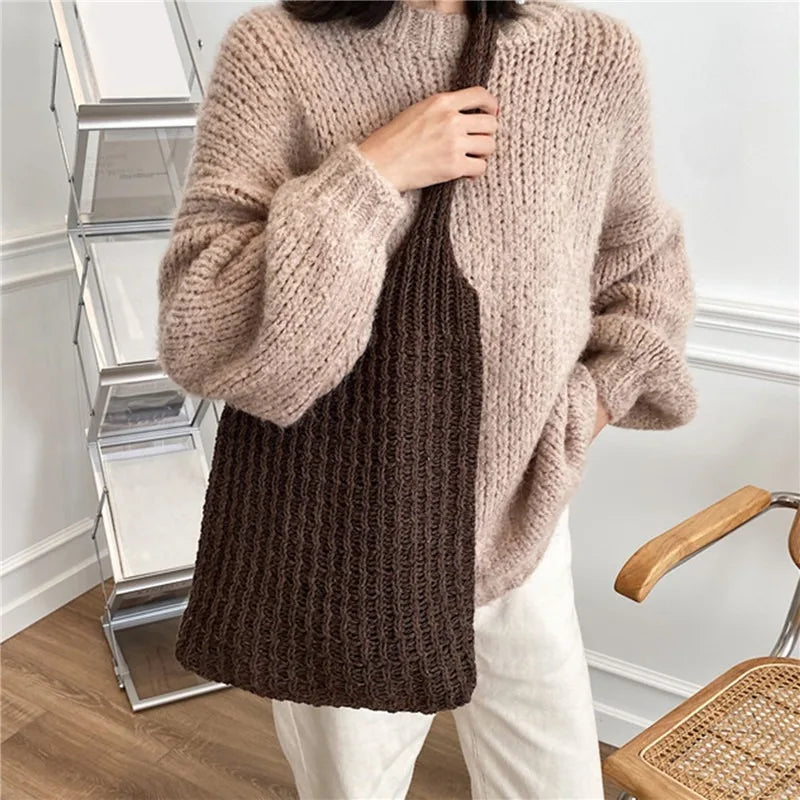 Vintage Wool Knitted Tote Shoulder Bag For Women