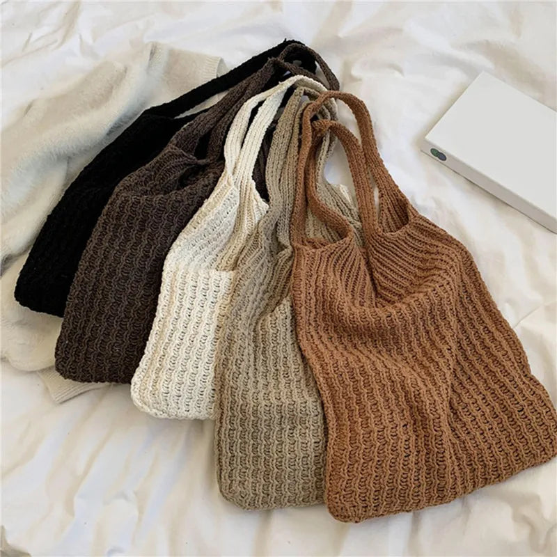 Vintage Wool Knitted Tote Shoulder Bag For Women