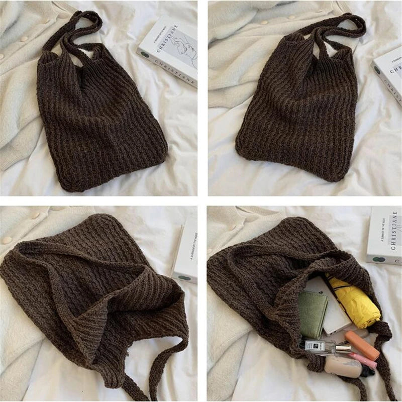 Vintage Wool Knitted Tote Shoulder Bag For Women