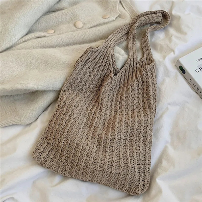 Vintage Wool Knitted Tote Shoulder Bag For Women