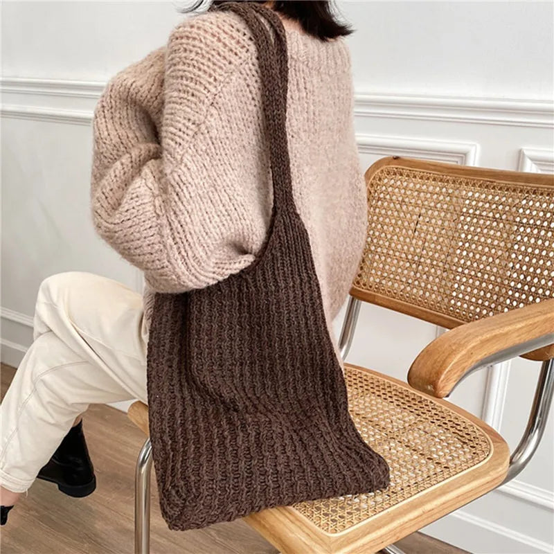 Vintage Wool Knitted Tote Shoulder Bag For Women