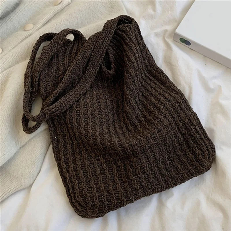 Vintage Wool Knitted Tote Shoulder Bag For Women