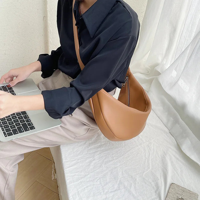 Women Dumpling Shoulder Bag Wide Strap Handbag