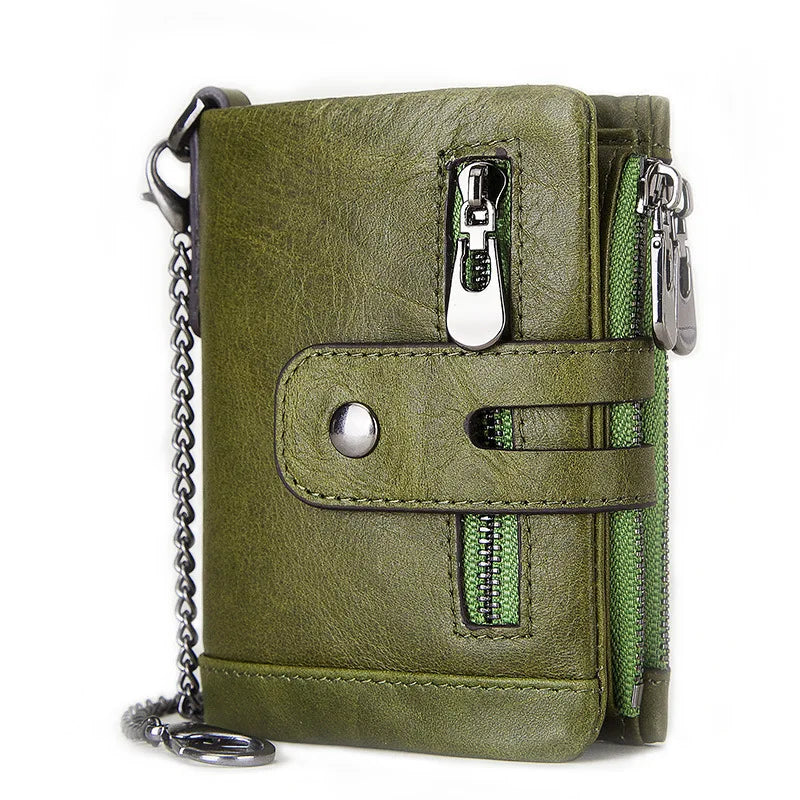 Cowhide RFID Anti-Theft Leather Wallet with Iron Chains
