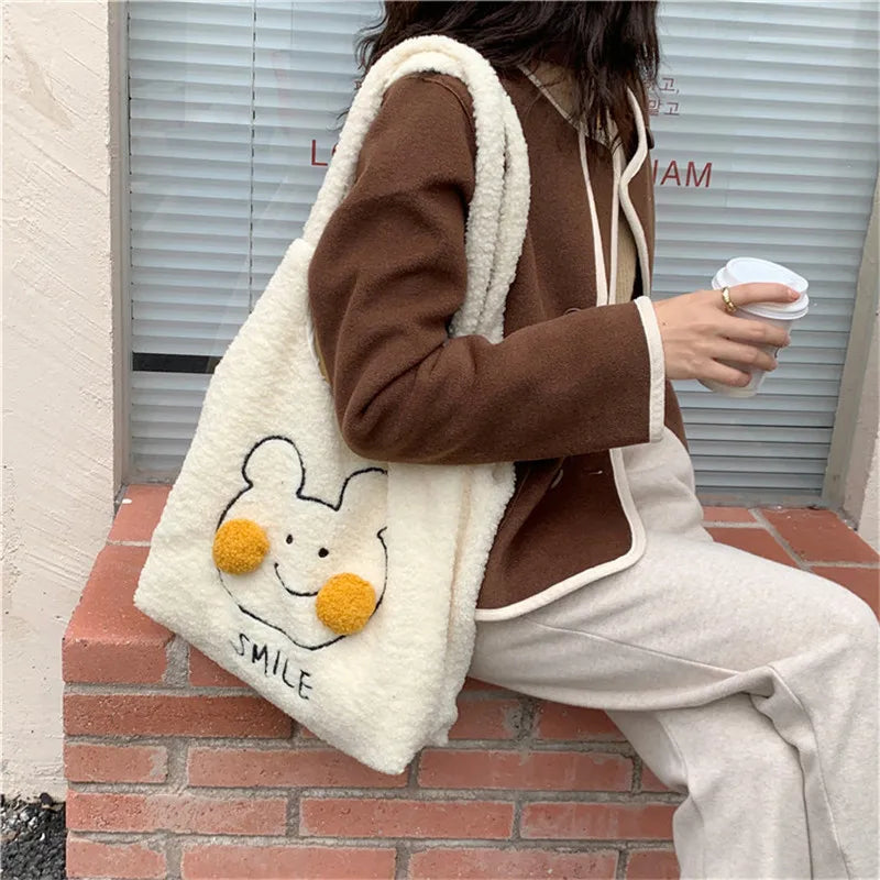 Fur Bear Shoulder Bag Big Capacity Tote for Female Handbags