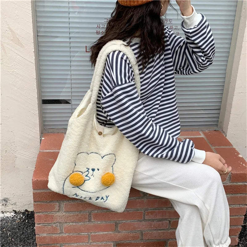 Fur Bear Shoulder Bag Big Capacity Tote for Female Handbags
