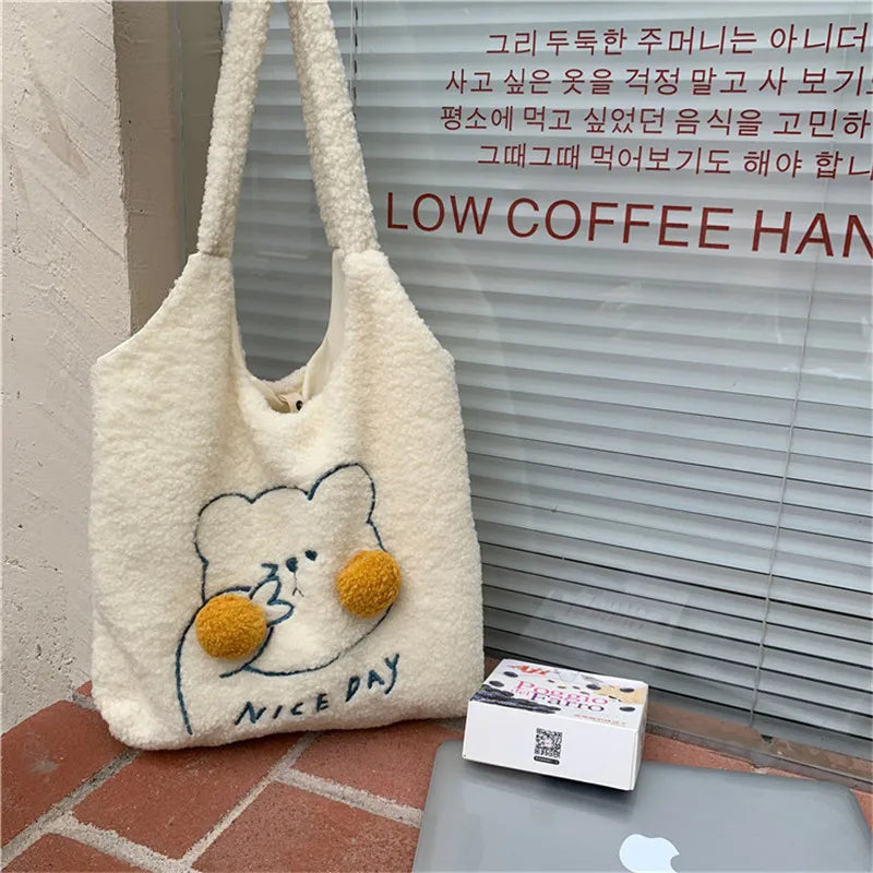 Fur Bear Shoulder Bag Big Capacity Tote for Female Handbags