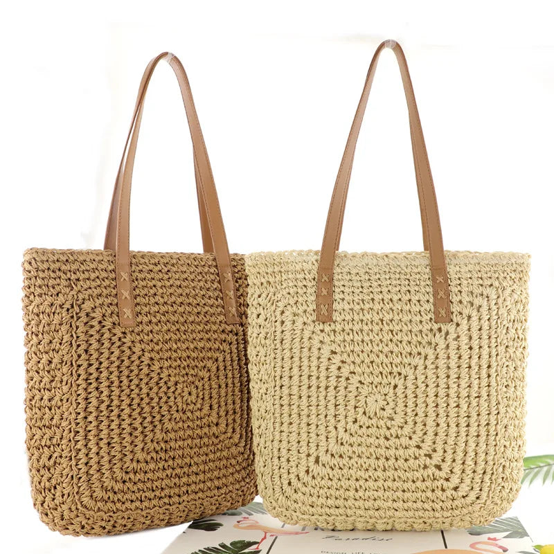 Straw Woven Beach Bag Large Capacity Shoulder Bag Paper Rope