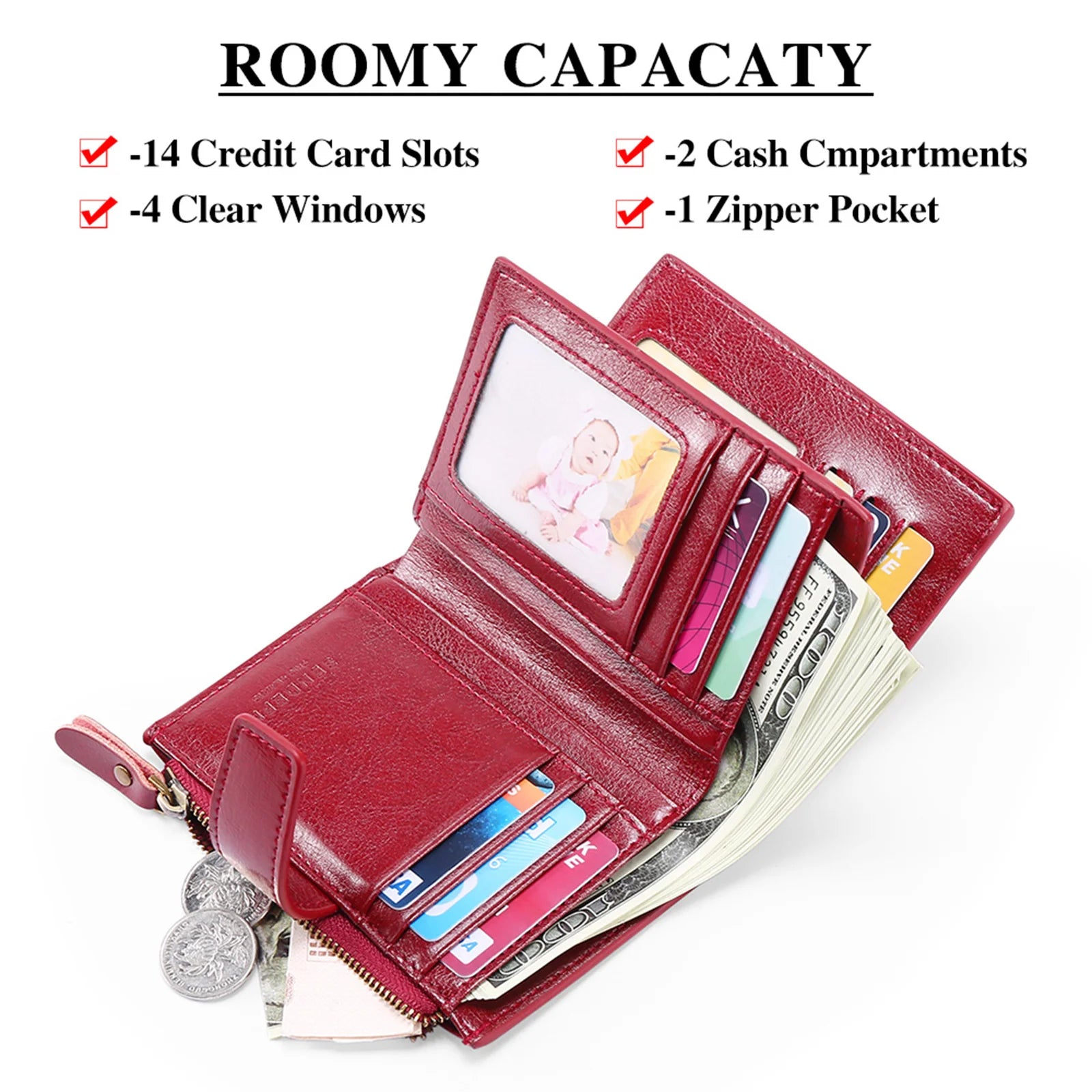 Leather Lady Purse Short Wallet Multi-function