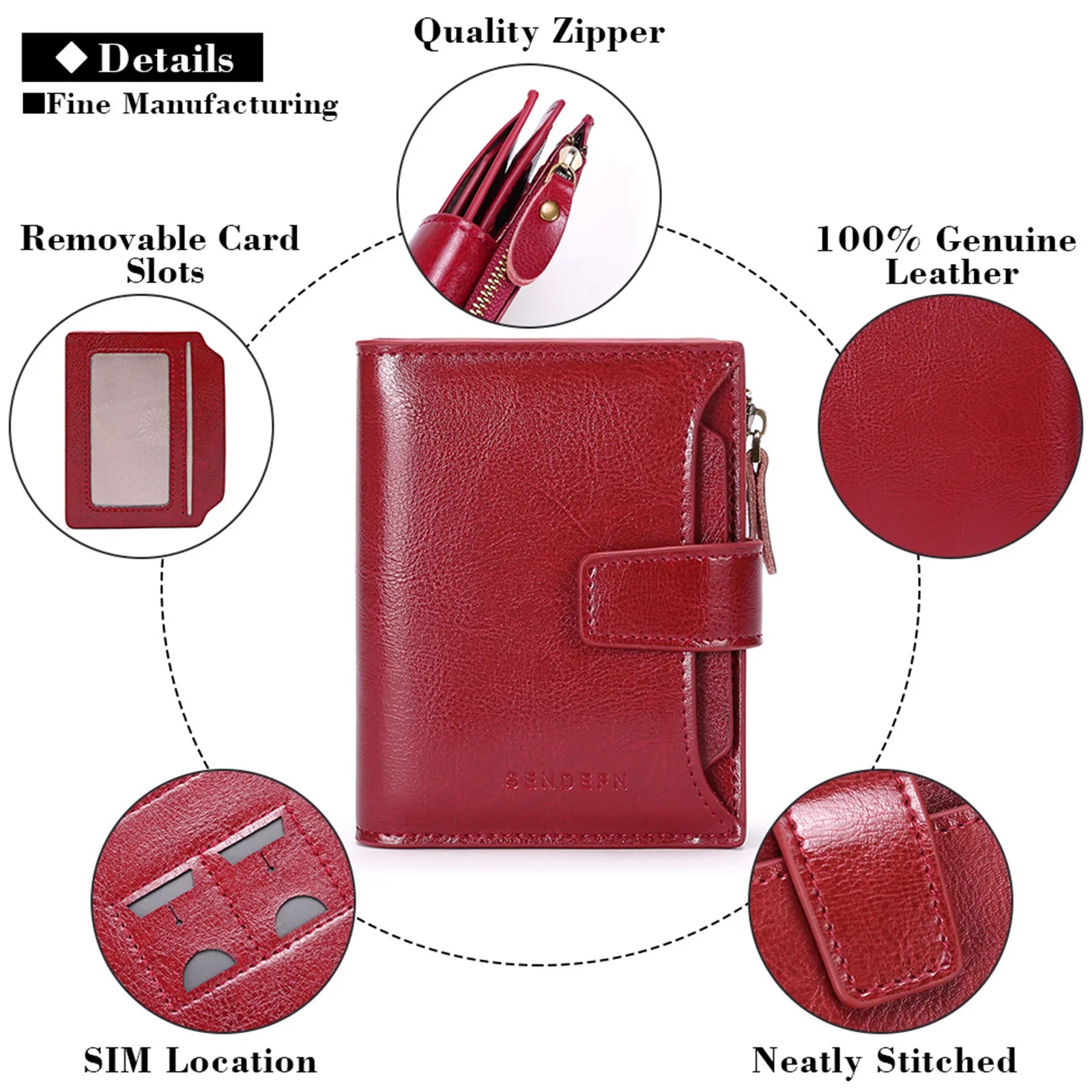 Leather Lady Purse Short Wallet Multi-function