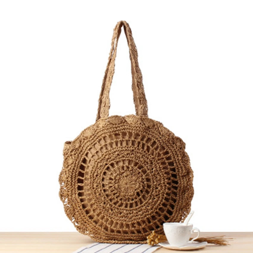 Straw Round Shoulder Bag with Hook Flower for Women