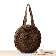 Straw Round Shoulder Bag with Hook Flower for Women