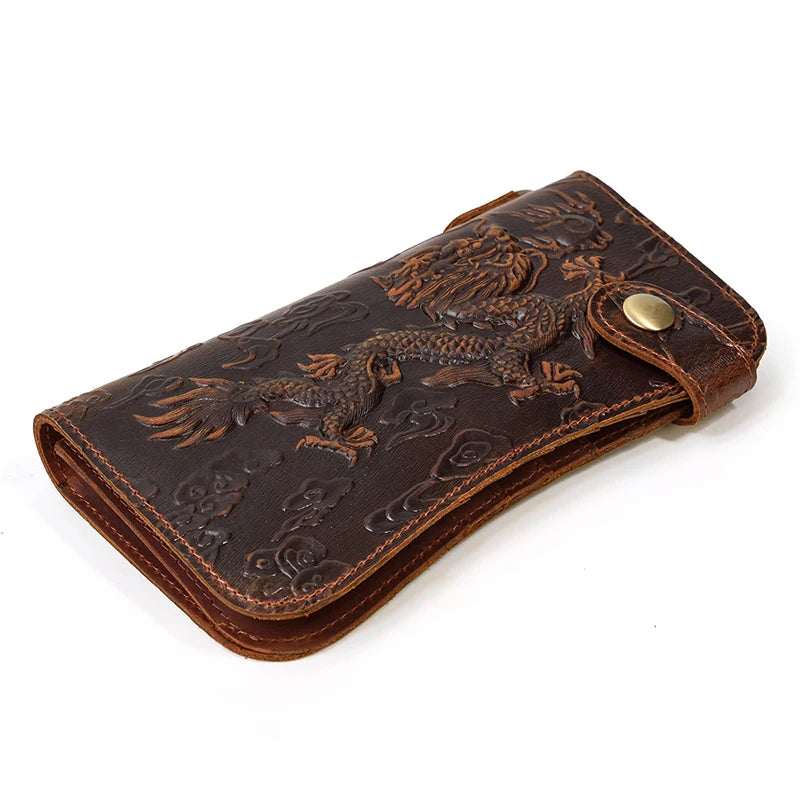 Men's 3D Dragon Embossing Long Wallet with Chain