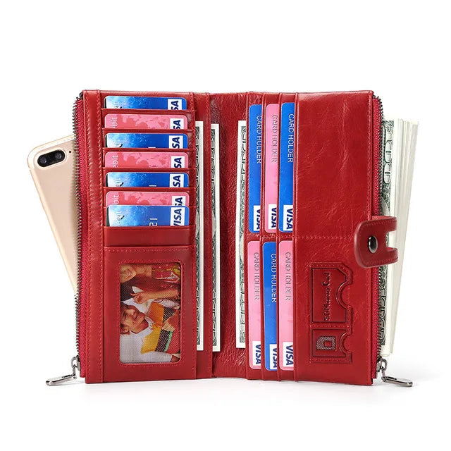 High Quality Leather Long Wallet Clutch Purse Zipper Female Big Red Brown