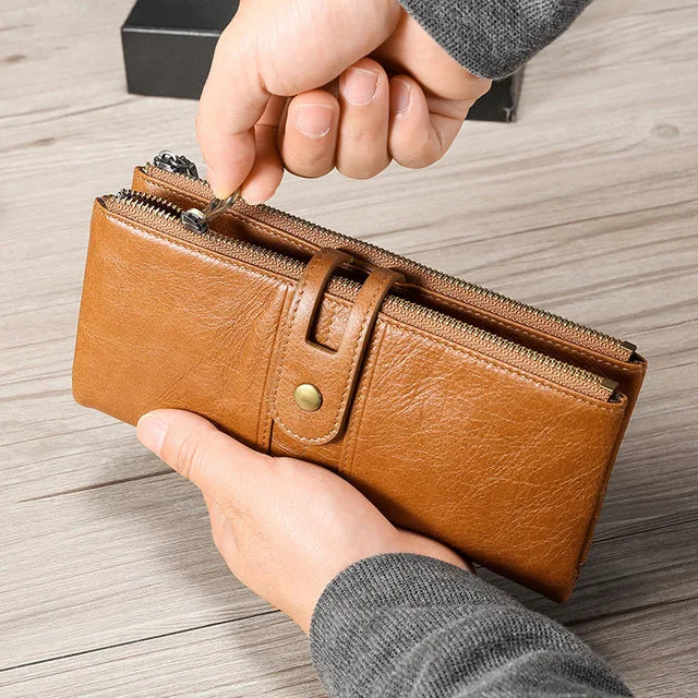 High Quality Leather Long Wallet Clutch Purse Zipper Female Big Red Brown