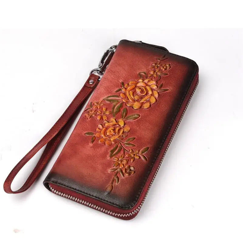 Retro Style Leather Zipper Long Purse Red