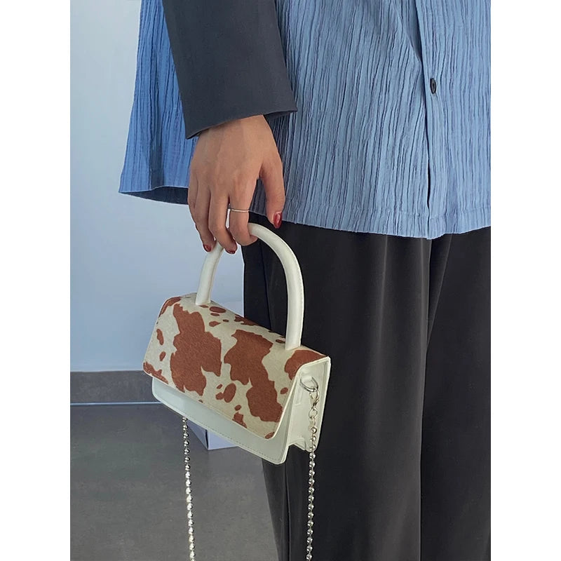 Cow Pattern Hairy Chain Diagonal Bag Girl Retro Flip Cover Shoulder Bag
