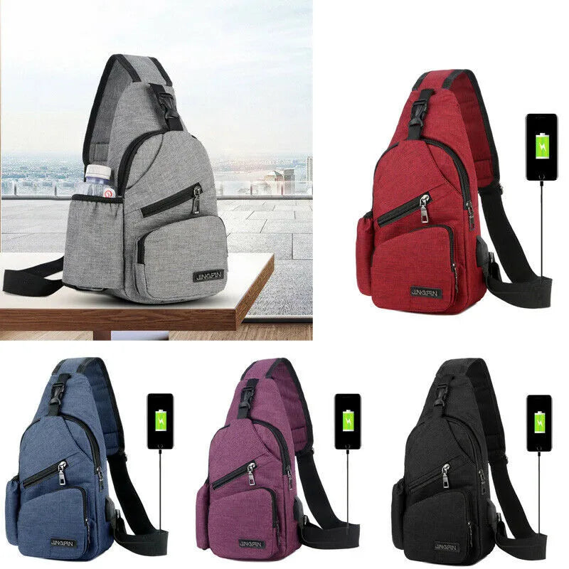 Men Women Shoulder Bag Sling Chest Bag Pack Outdoor Travel Sport USB Charging