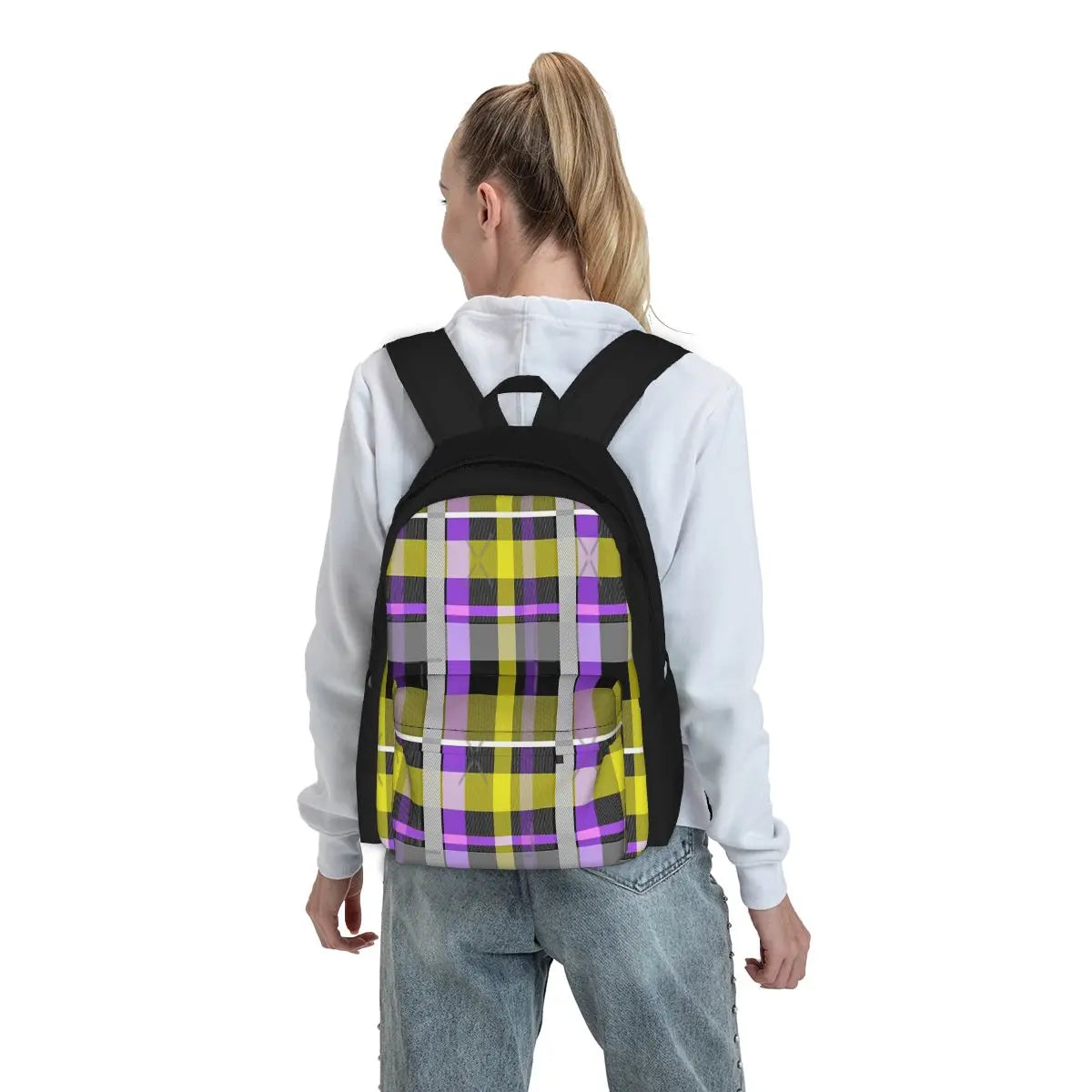 Nonbinary Flag Check Backpack Plain School Bag