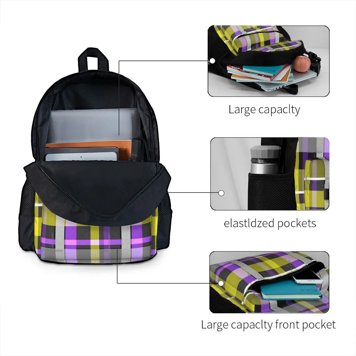 Nonbinary Flag Check Backpack Plain School Bag
