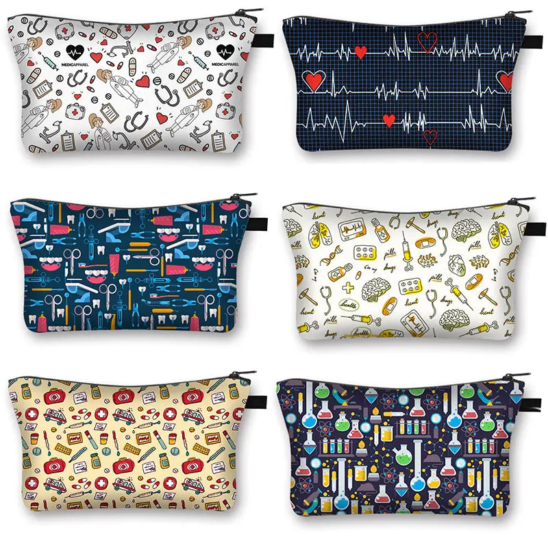 Nurse ECG Printing Lady Cosmetic Bag Pills Storage Case