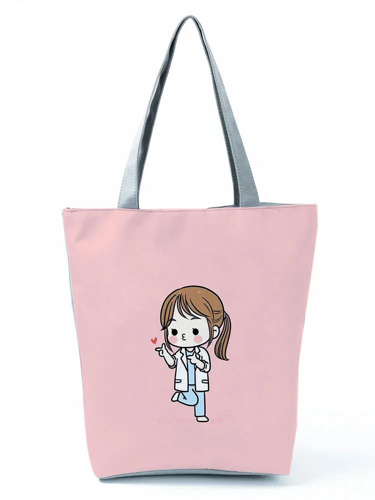 Cute Nurse Girl Printed Handbag Eco Reusable Portable Women Shoulder Bag