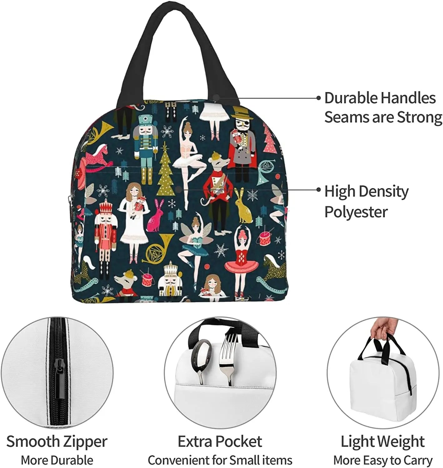 Nutcracker Ballet Xmas Dance Lunch Bag Portable Reusable Insulated Box