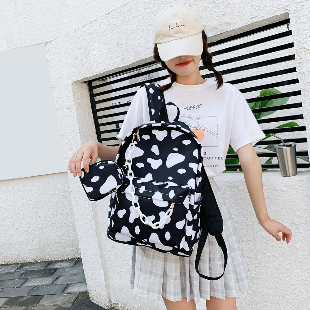 Nylon Backpack Students Girls Cow Letter Print Casual Shoulder School Book Bags