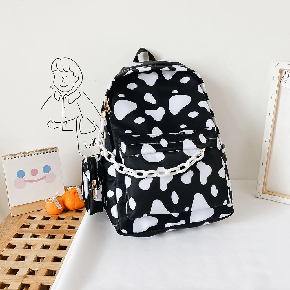 Nylon Backpack Students Girls Cow Letter Print Casual Shoulder School Book Bags