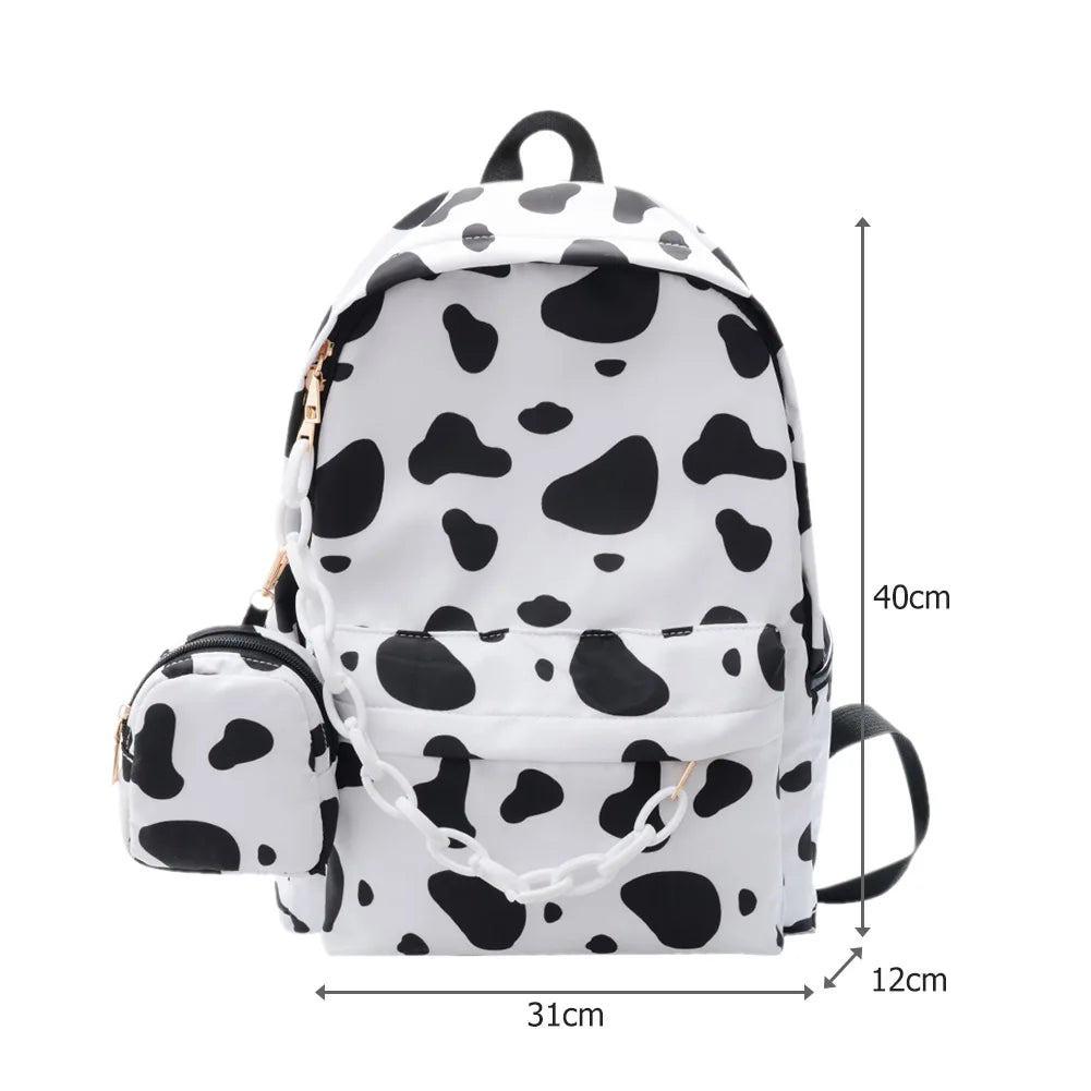 Nylon Backpack Students Girls Cow Letter Print Casual Shoulder School Book Bags