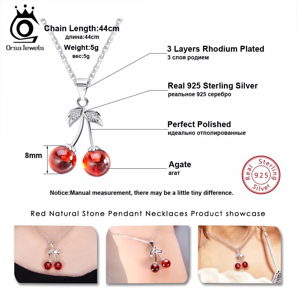 925 Silver Red Stone Cherry Pendant Necklace Women Silver Jewelry SN03