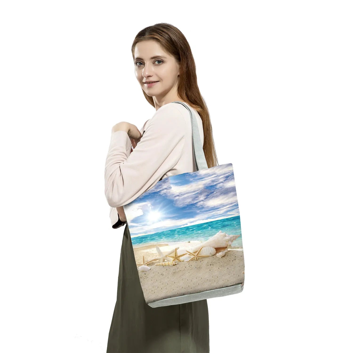 Ocean Shell Print Tote Bag Shoulder Bag Foldable Reusable Shopping Bags