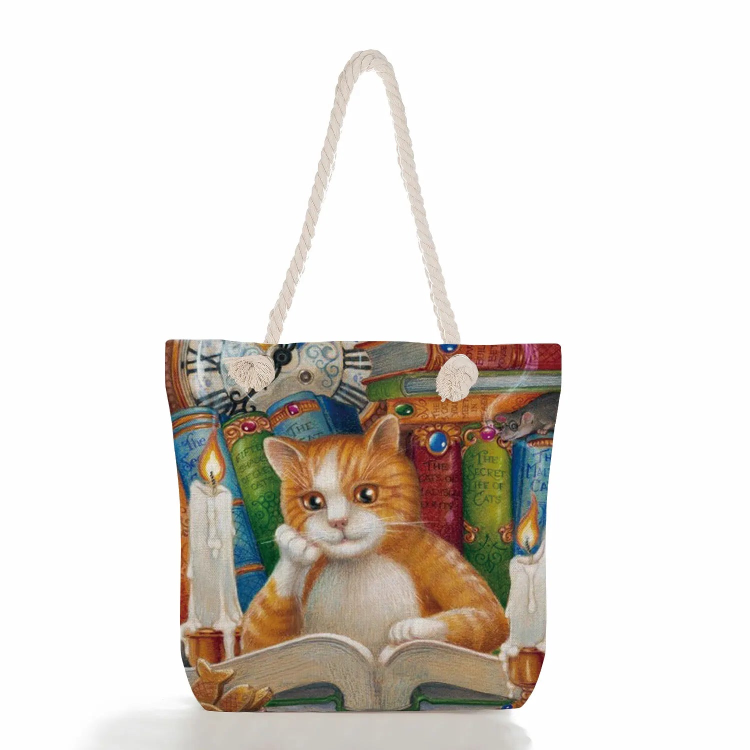 Oil Painting Cat Printed Womens Tote Bags For Groceries