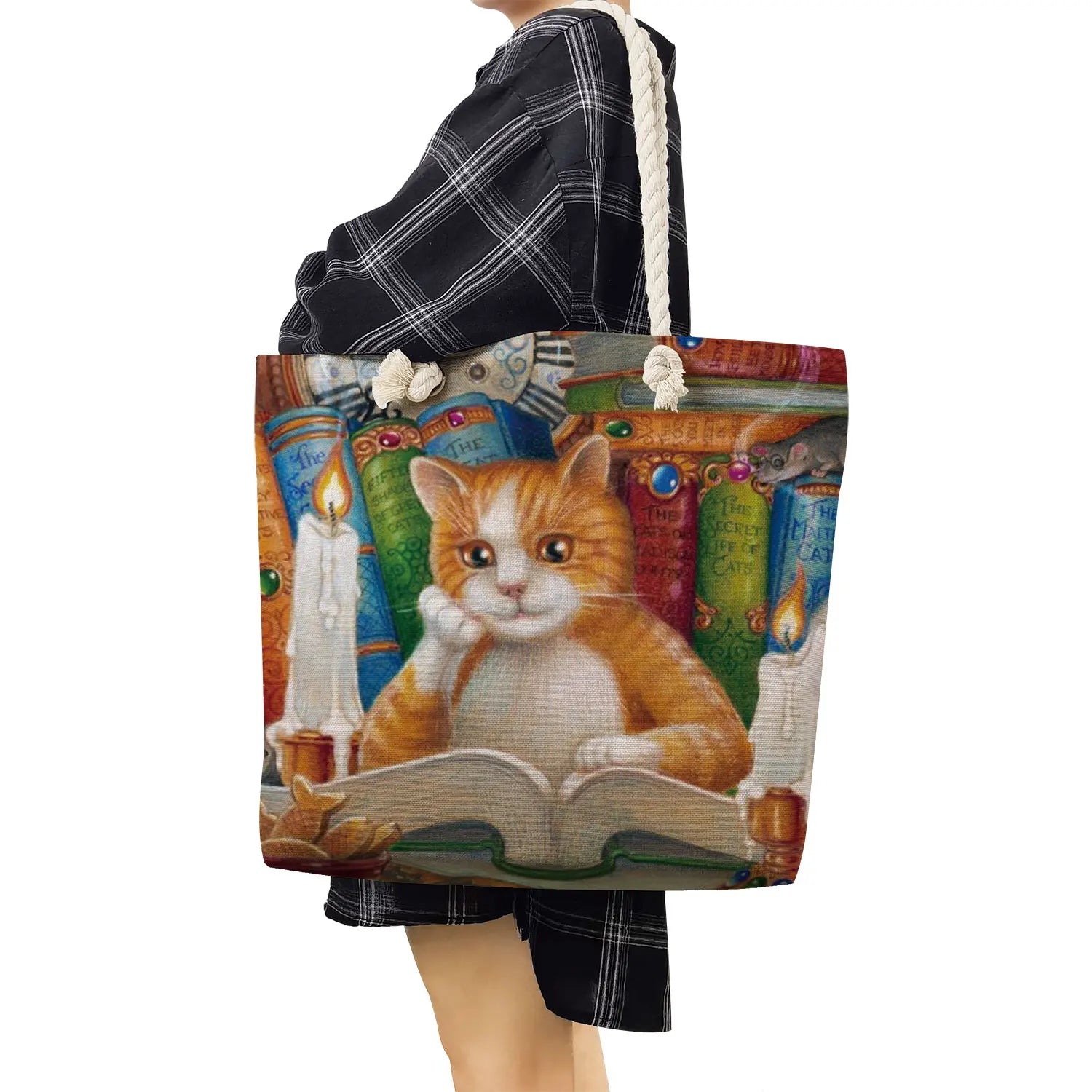 Oil Painting Cat Printed Womens Tote Bags For Groceries