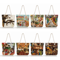 Oil Painting Cat Printed Tote Bag for Women