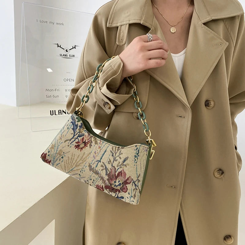 Oil Painting Printed Underarm Bag Retro Women Totes Shoulder Bags