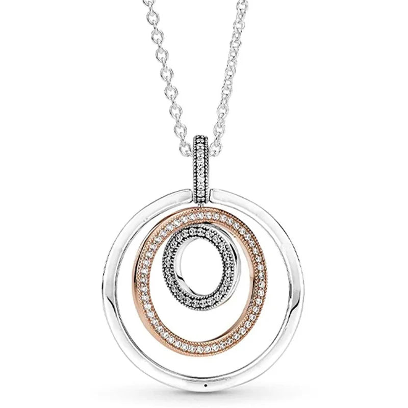 925 Sterling Silver Two-tone Circles Signature Pave & Beads Pendant & Necklace