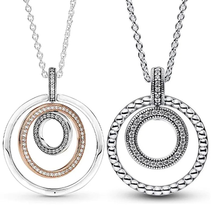 925 Sterling Silver Two-tone Circles Signature Pave & Beads Pendant & Necklace