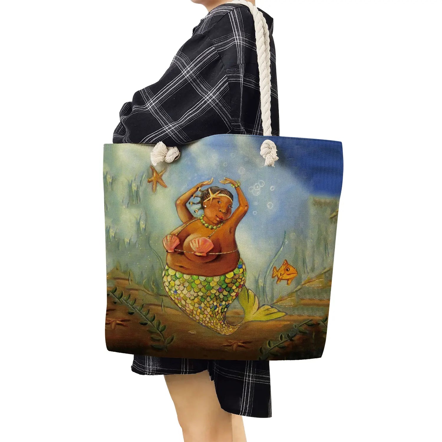 Mermaid Print Foldable Beach Bag Women's Casual Handbag