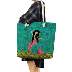 Mermaid Print Foldable Beach Bag Women's Casual Handbag