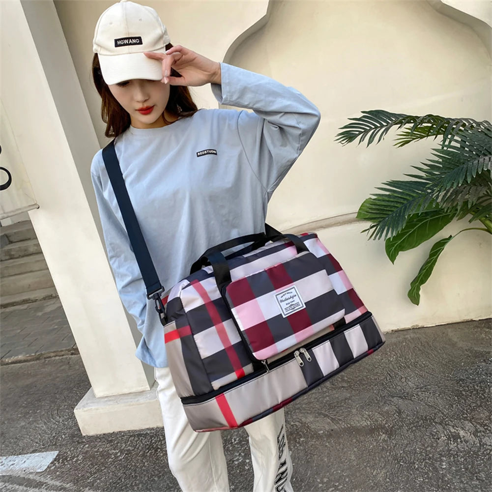 Plaid Gym Bag Wet Dry Separation Handbag Men Women Travel Shoulder Luggage