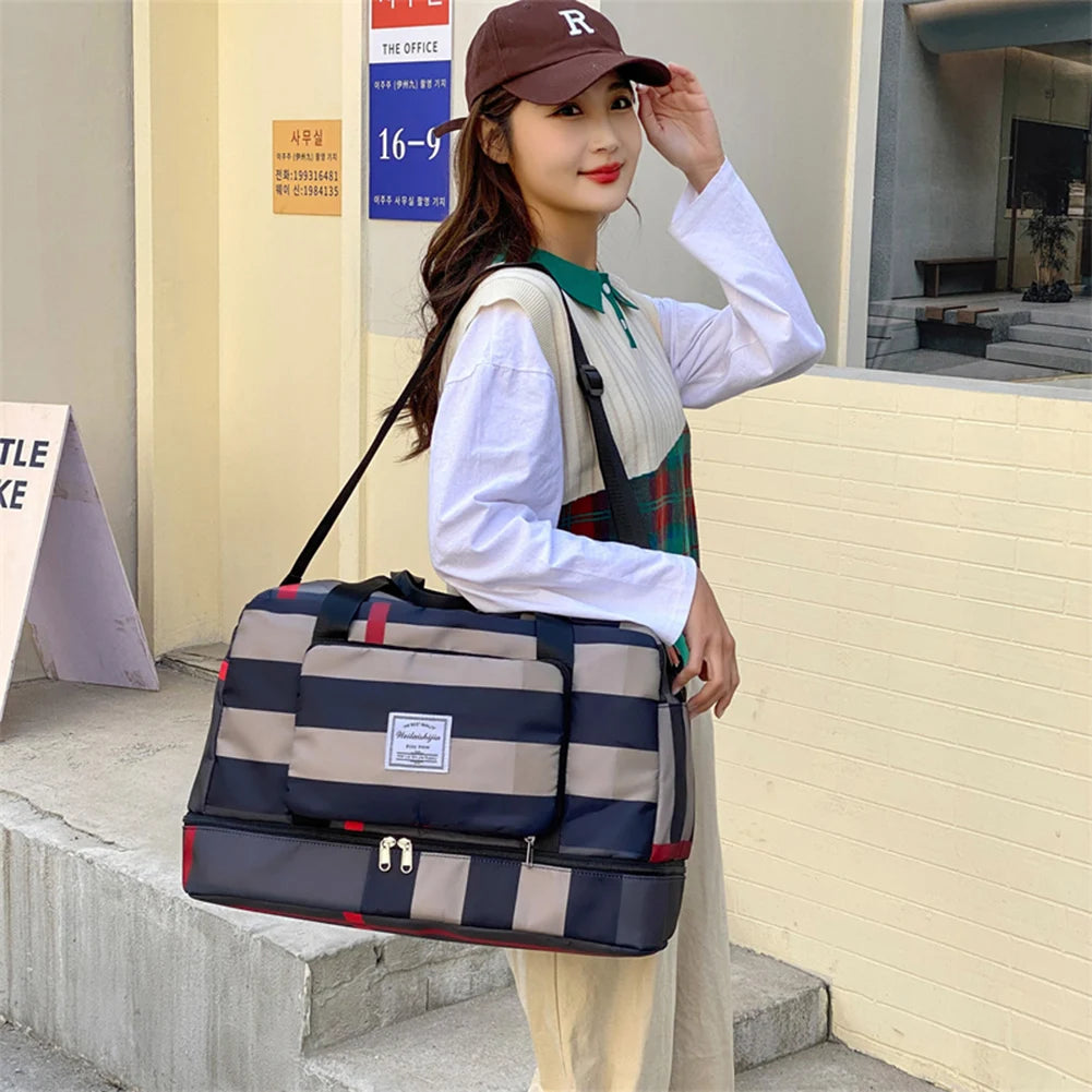 Plaid Gym Bag Wet Dry Separation Handbag Men Women Travel Shoulder Luggage