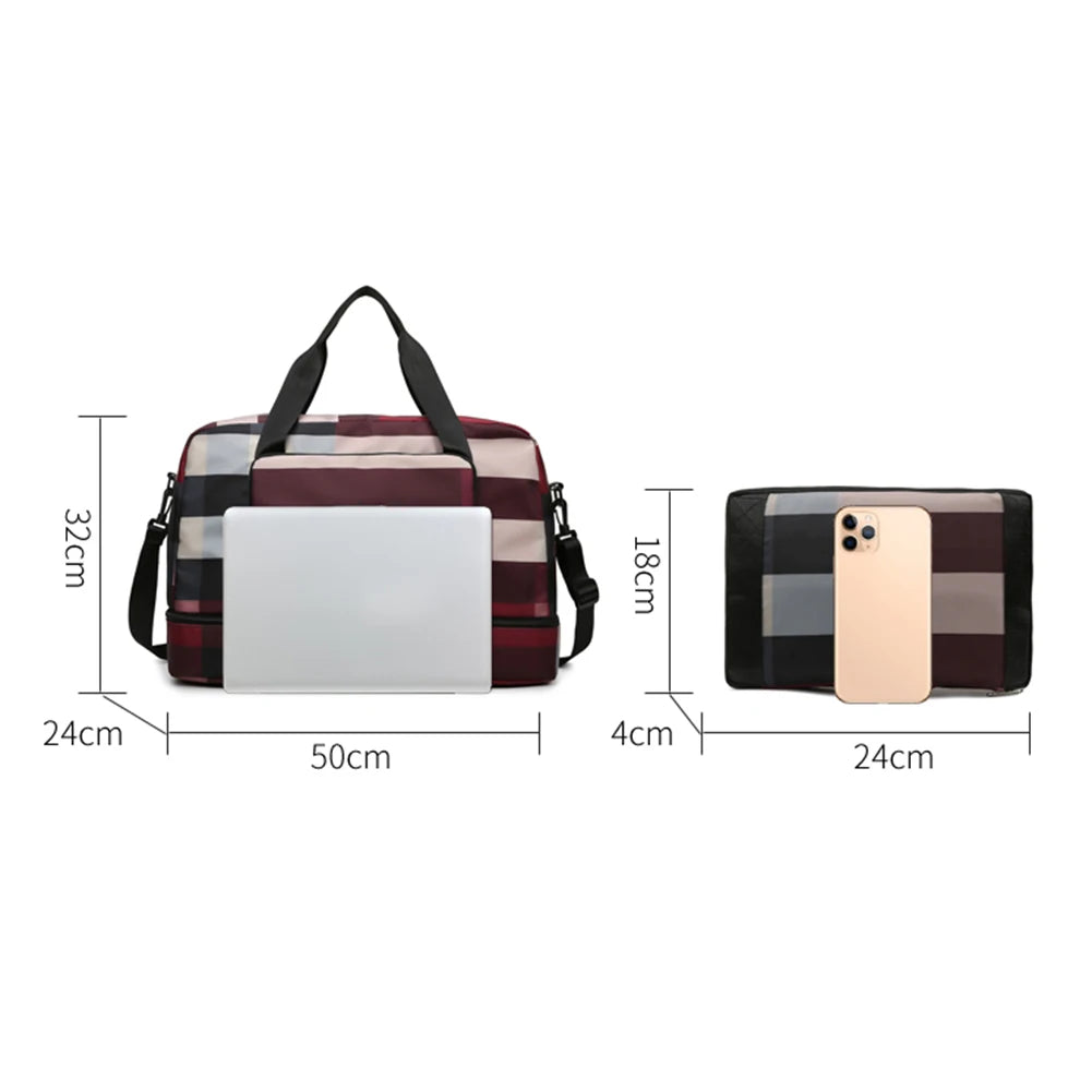 Plaid Gym Bag Wet Dry Separation Handbag Men Women Travel Shoulder Luggage