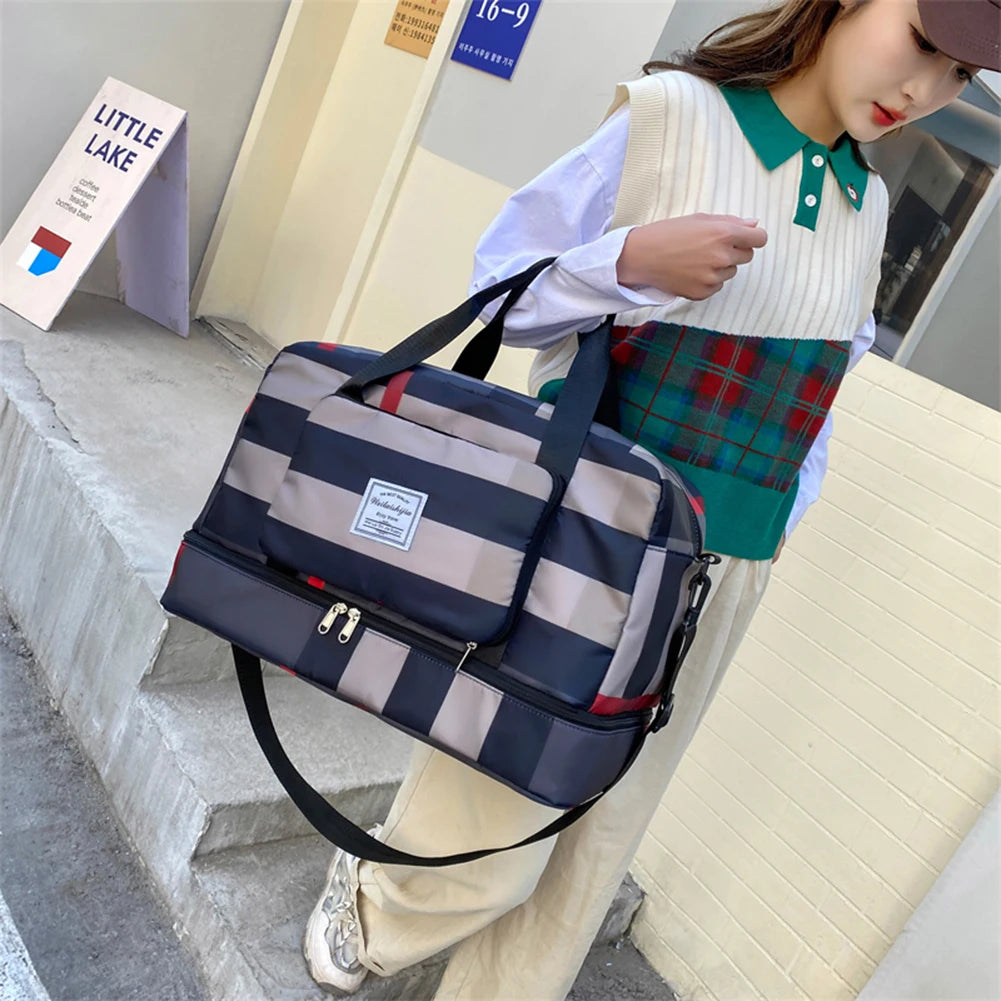 Plaid Gym Bag Wet Dry Separation Handbag Men Women Travel Shoulder Luggage
