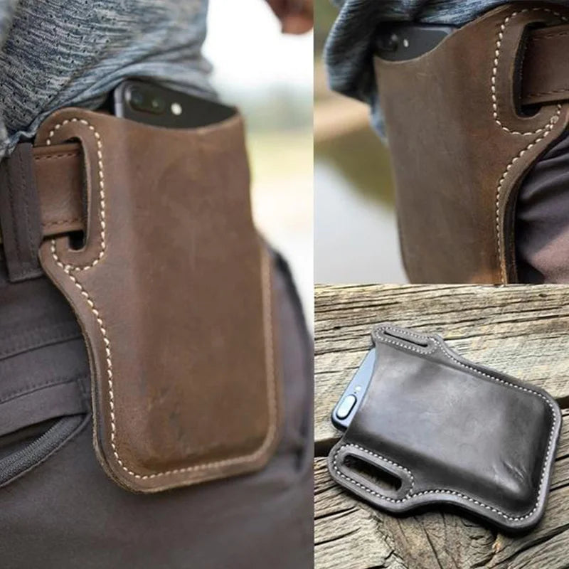 Men Leather Vertical Pockets Multifunctional Outdoor Belt Phone Bag