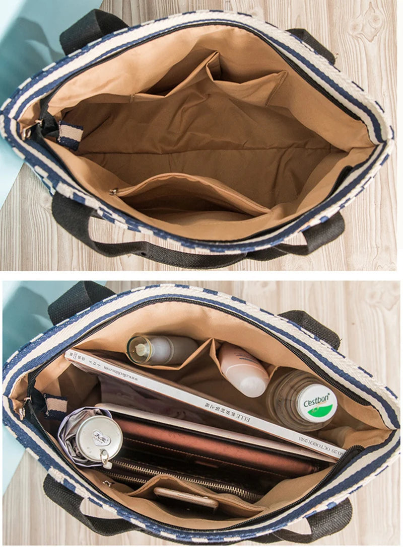 Casual Canvas Women Shoulder Bag Large Capacity Stripe A4 Lady Handbag Tote