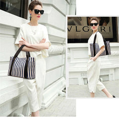 Casual Canvas Women Shoulder Bag Large Capacity Stripe A4 Lady Handbag Tote