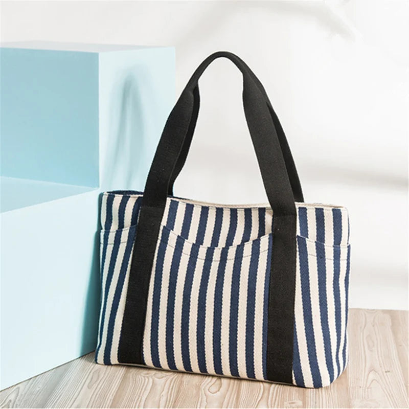Casual Canvas Women Shoulder Bag Large Capacity Stripe A4 Lady Handbag Tote
